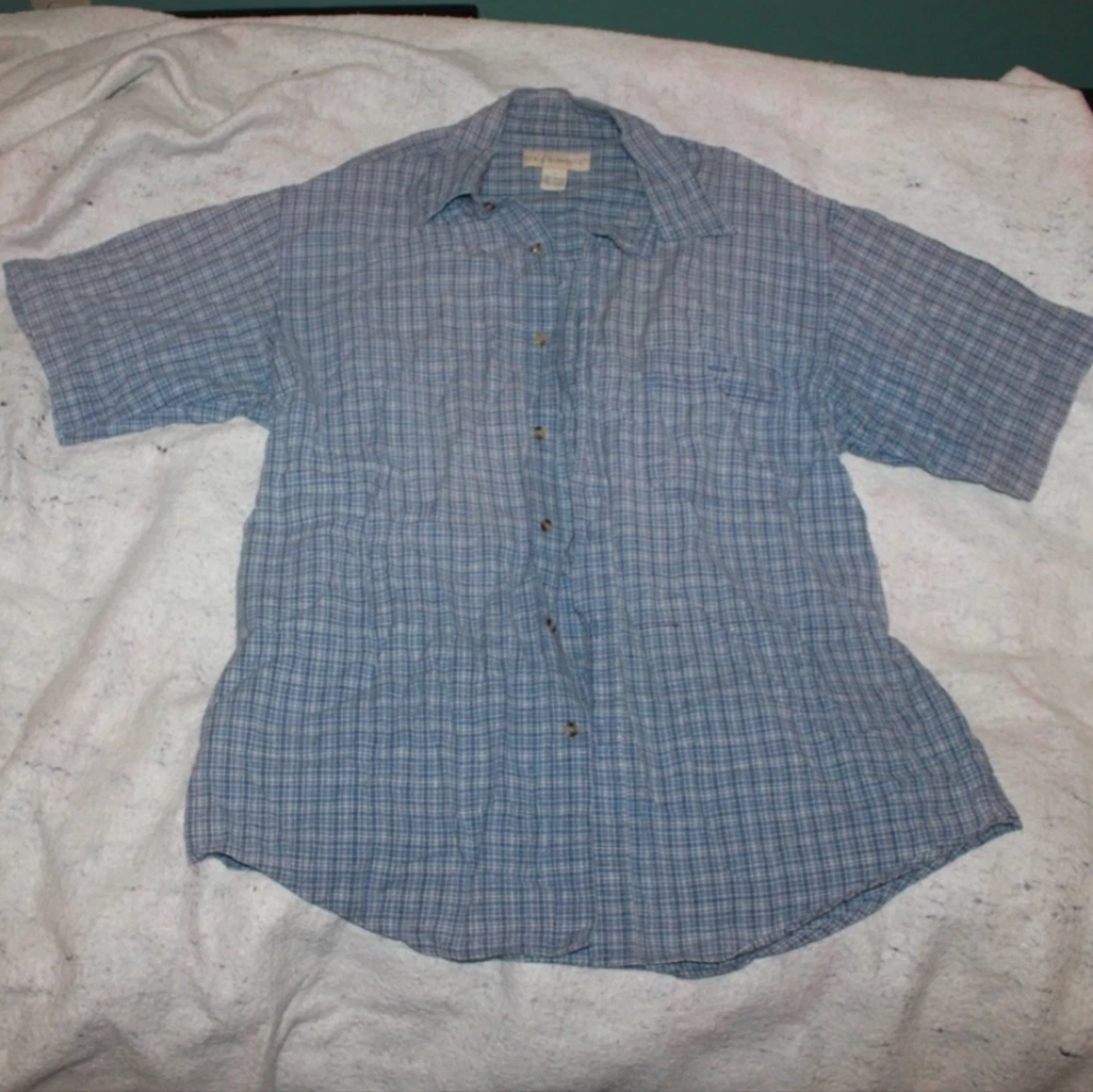 Vintage Basic Elements Men's L Blue Plaid Flannel Short Sleeve Button Up Shirt